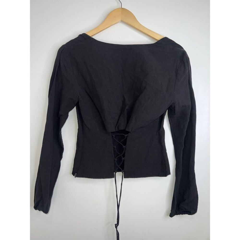 Intermix linen Lace Up Top black long sleeve shirt tie front blouse sz 6 MEDIUM - Picture 9 of 9